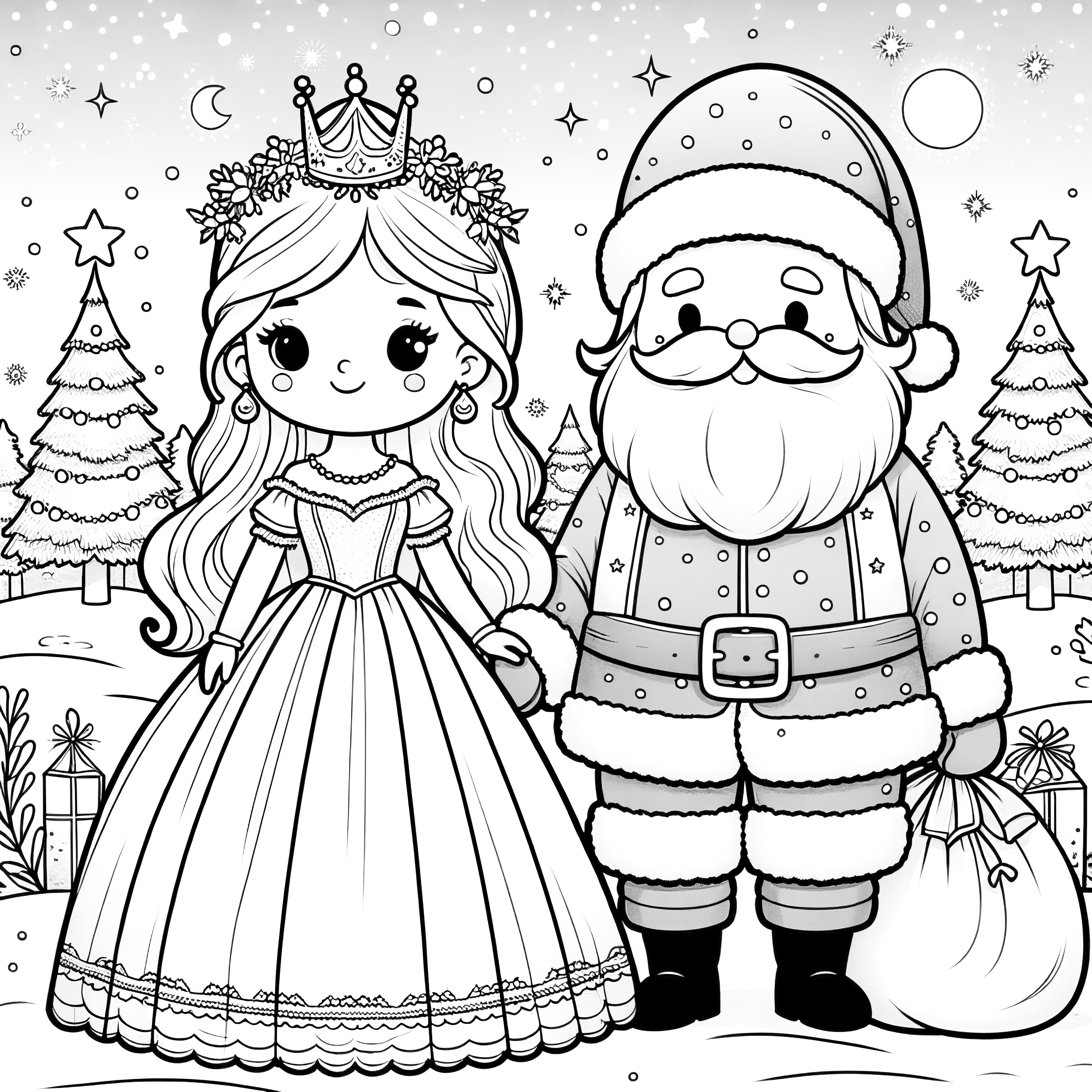 Princezna a Santa Claus ve zimní krajine jako omalovánka