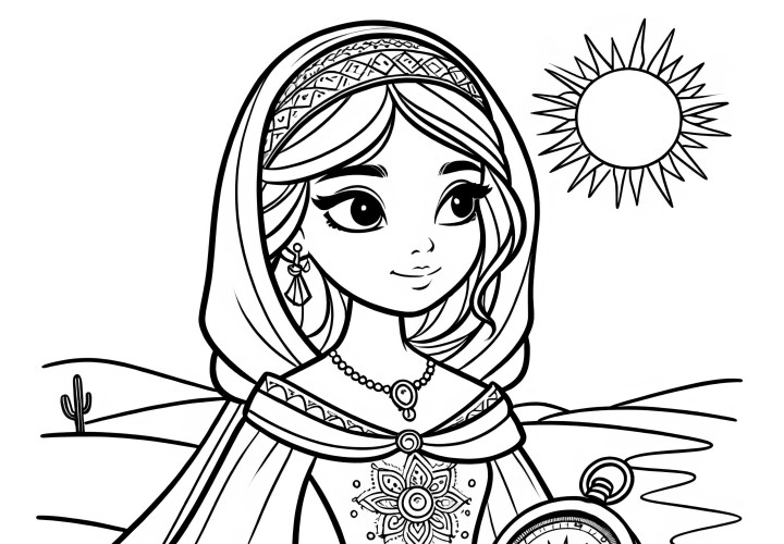 Princesa con brújula en el desierto frente al sol: imagen para colorear (Gratis)