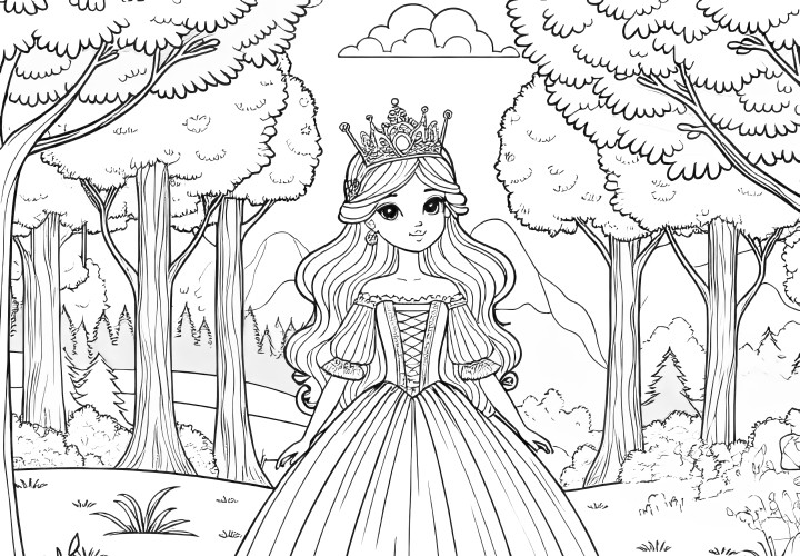 Coloriage gratuit : Belle princesse dans la forêt enchantée