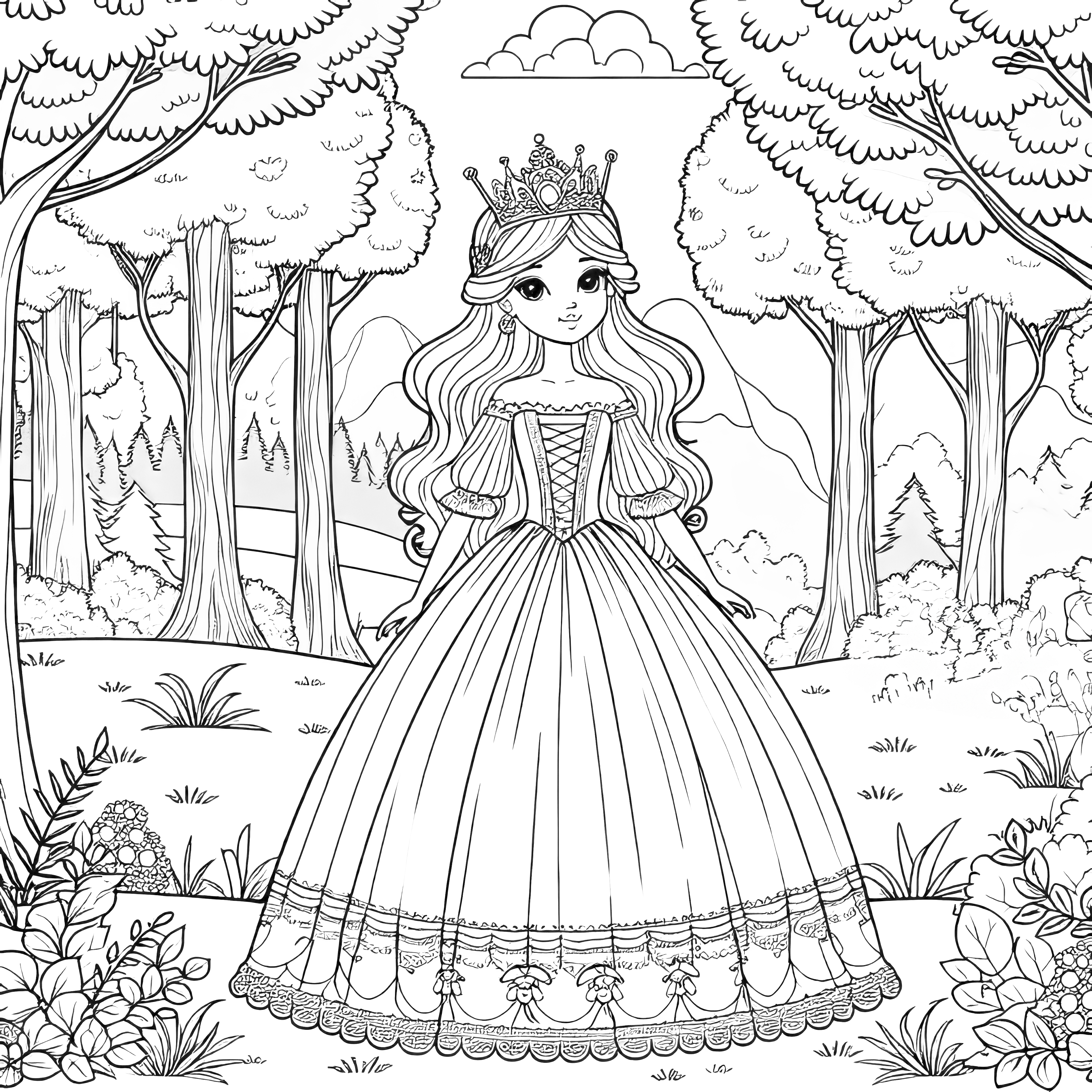 Ilustración para colorear gratis: Hermosa princesa en el bosque encantado