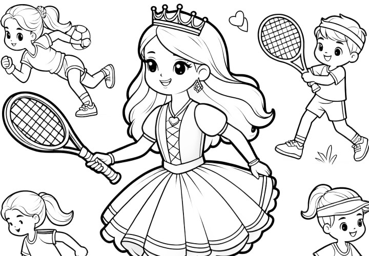 Prinsessa pelaa tennistä lasten kanssa: Värityskuva lataamista varten (Ilmainen)