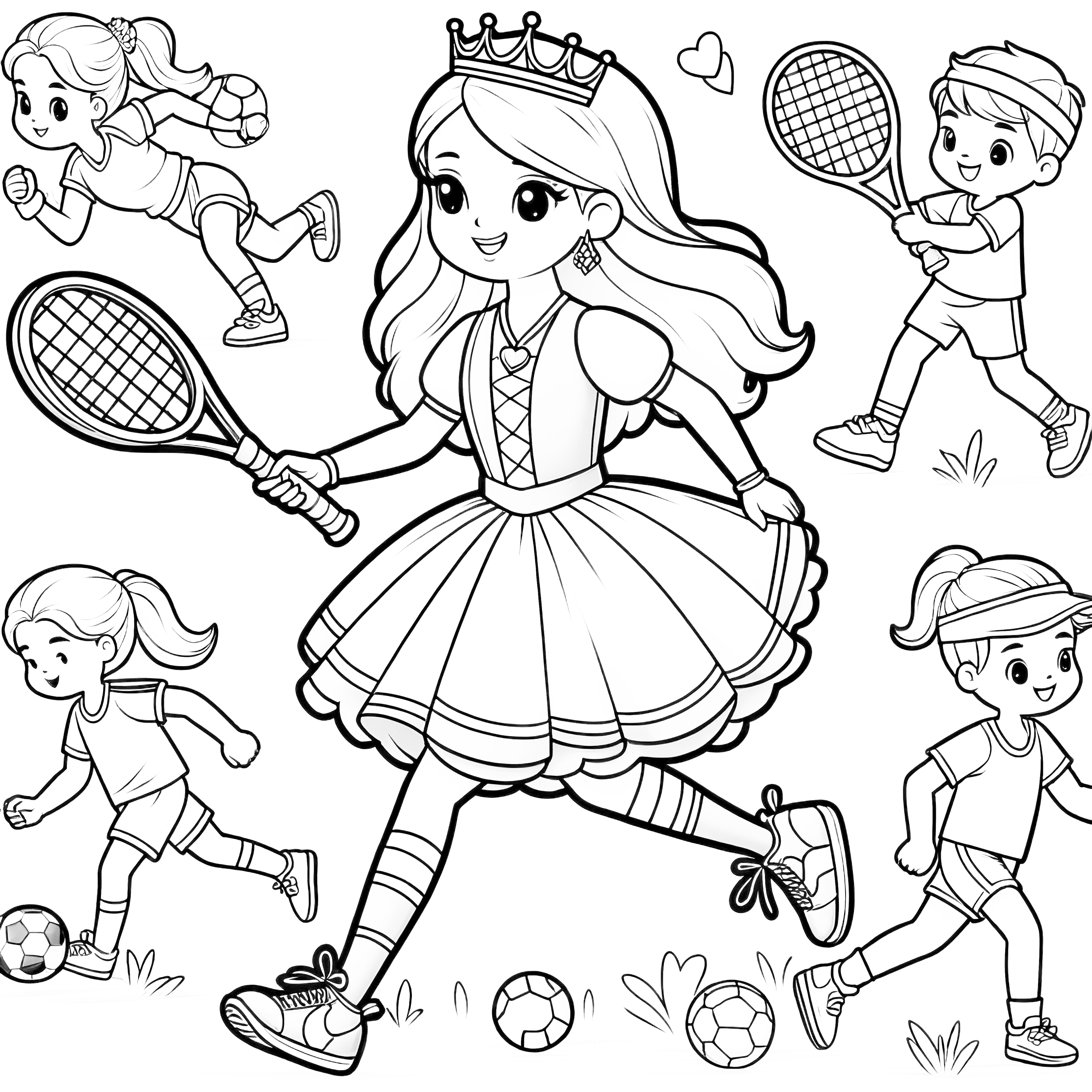 La princesse joue au tennis avec des enfants : coloriage à télécharger (Gratuit)