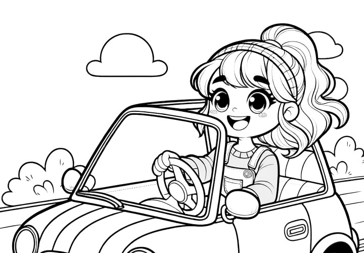 La princesse conduit la voiture à toute vitesse : Coloriage simple pour enfants (gratuit)