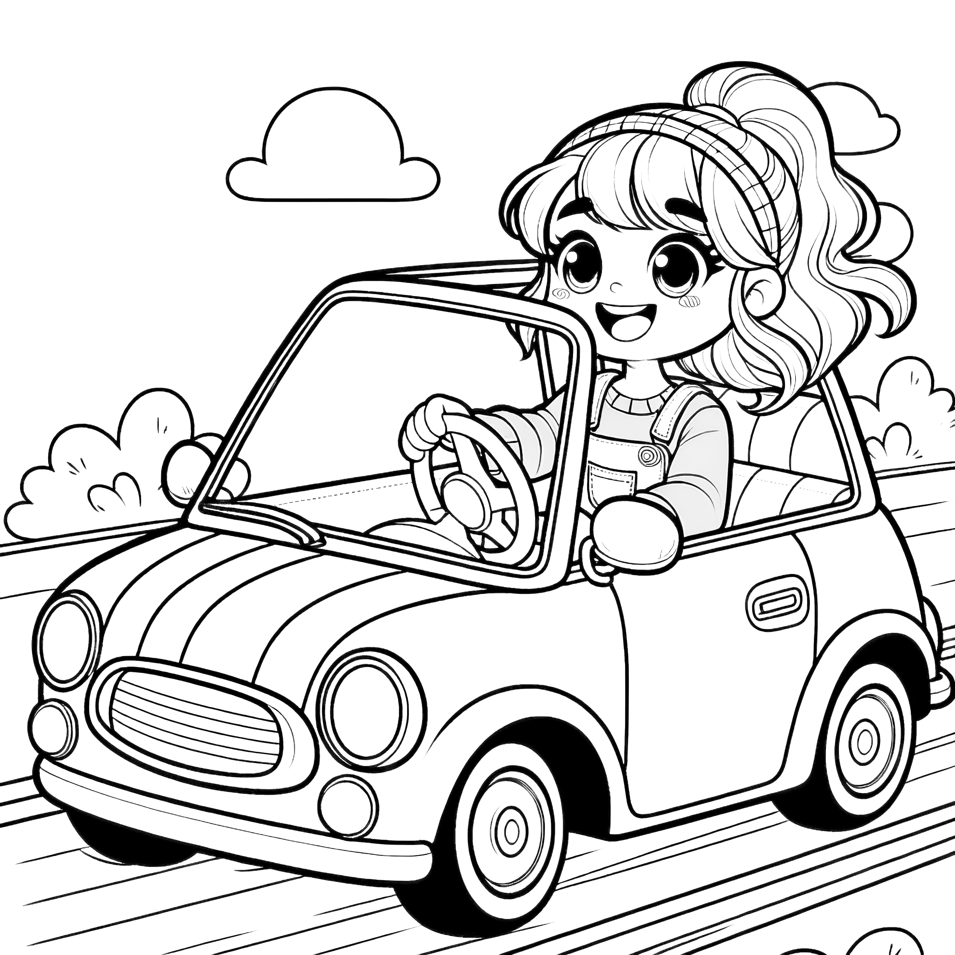 La princesse conduit la voiture à toute vitesse : Coloriage simple pour les enfants (Gratuit)