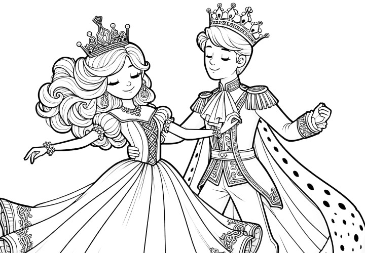 Modèle de coloriage gratuit : Une jolie princesse danse avec des charmants princes