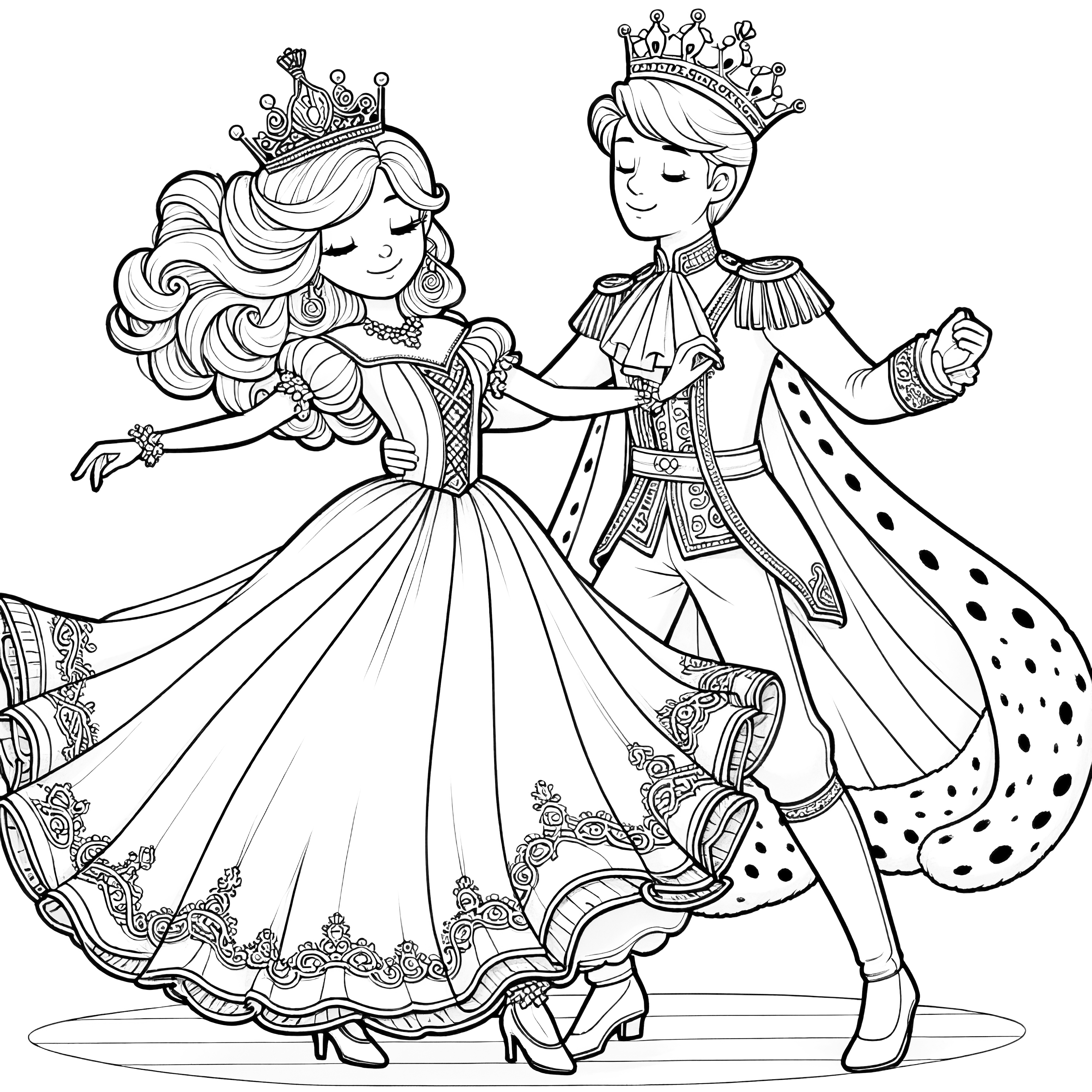 Modèle de coloriage gratuit : jolie princesse danse avec des princes charmants