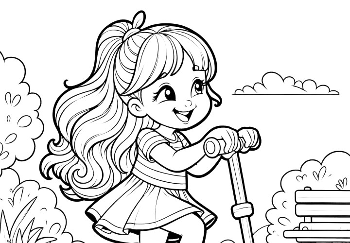 Plantilla para colorear para imprimir: Princesa montando en scooter en el parque (Gratis)