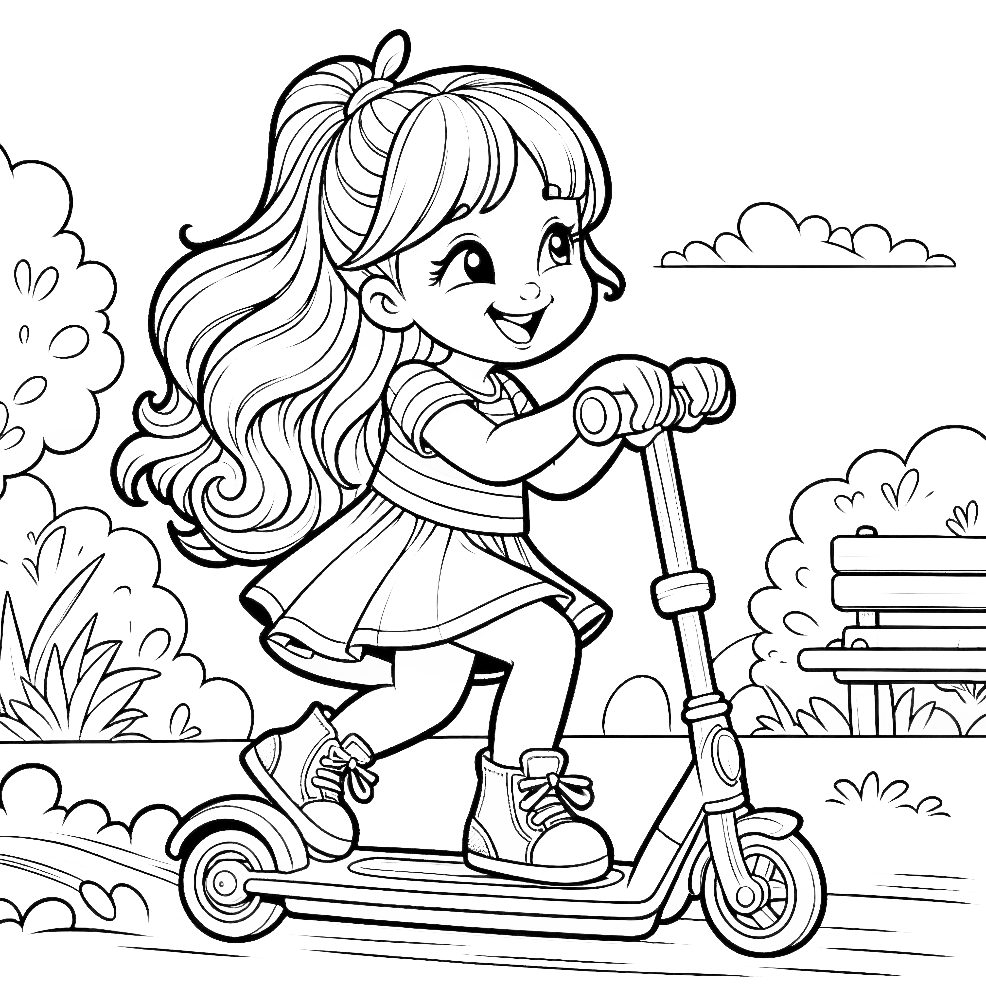 Plantilla para colorear para imprimir: Princesa montando en patinete en el parque (Gratis)