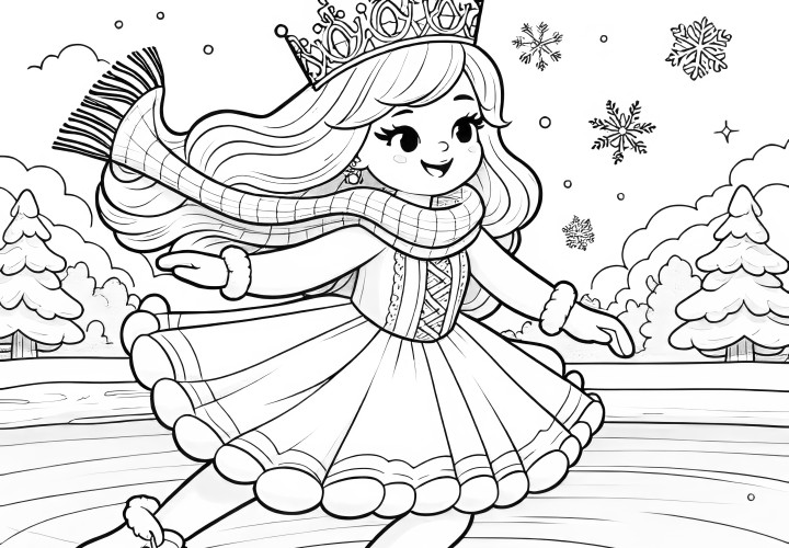 Princesse faisant du patin à glace sur un lac gelé : Image gratuite à colorier