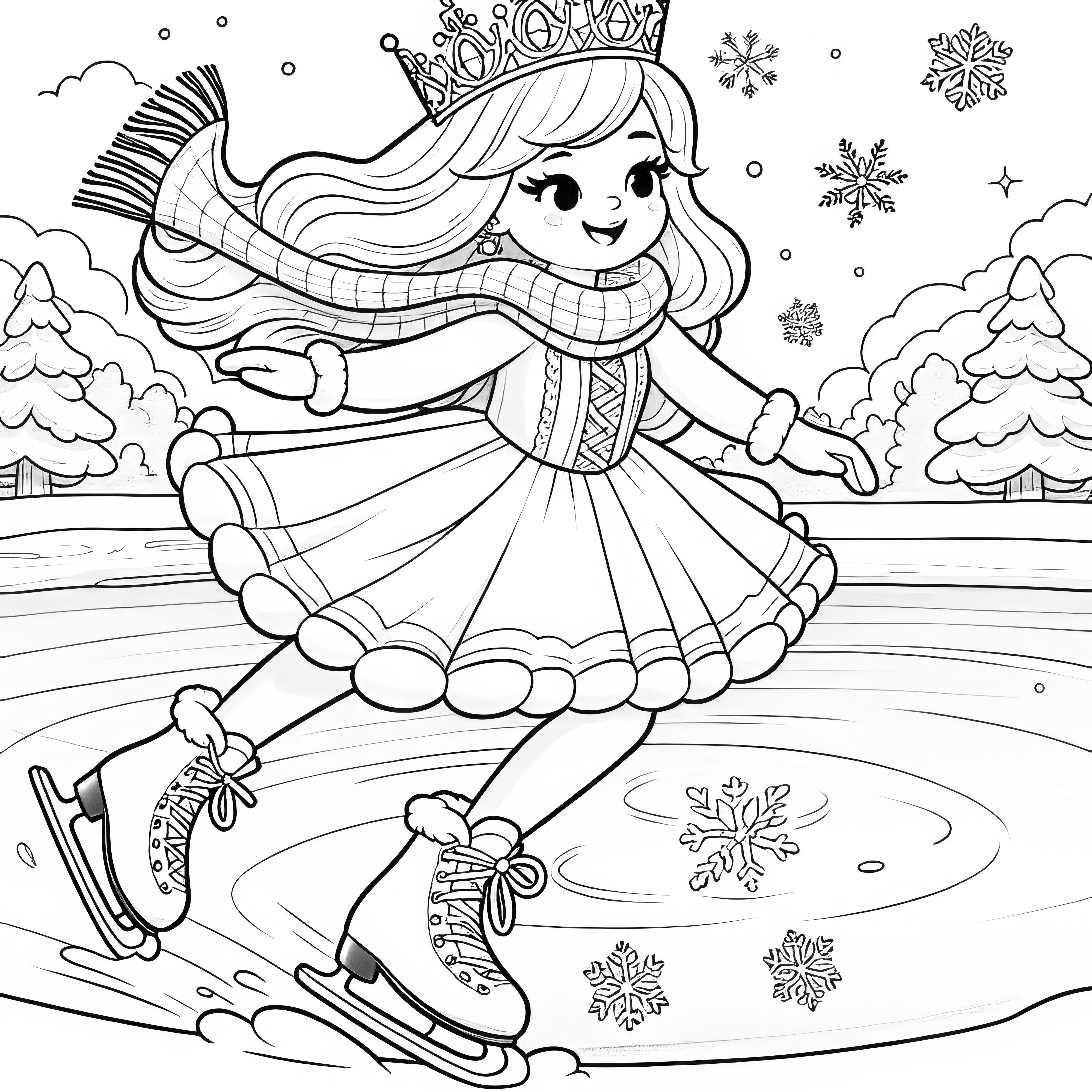 La princesse fait du patin à glace sur un lac gelé - Coloriage gratuit