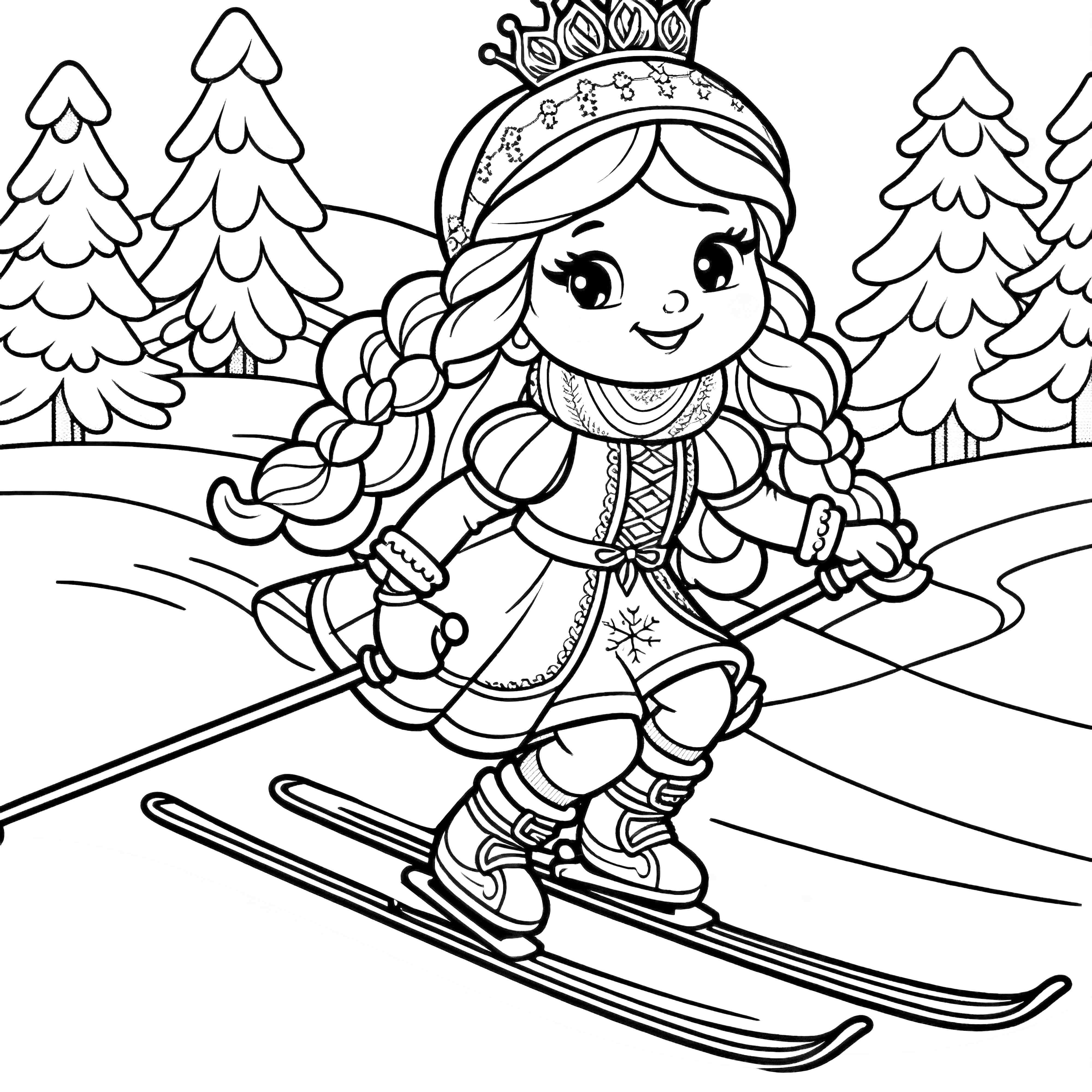 Prinses aan het skiën in een winterlandschap