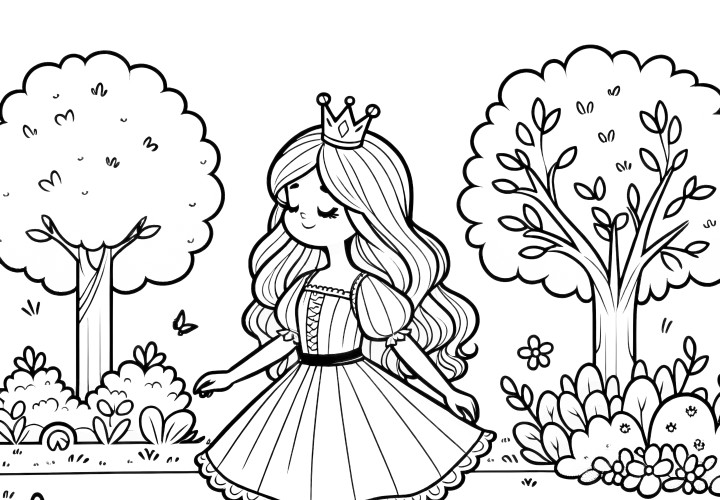 La princesa pasea con ligereza por el parque: dibujo para colorear gratis