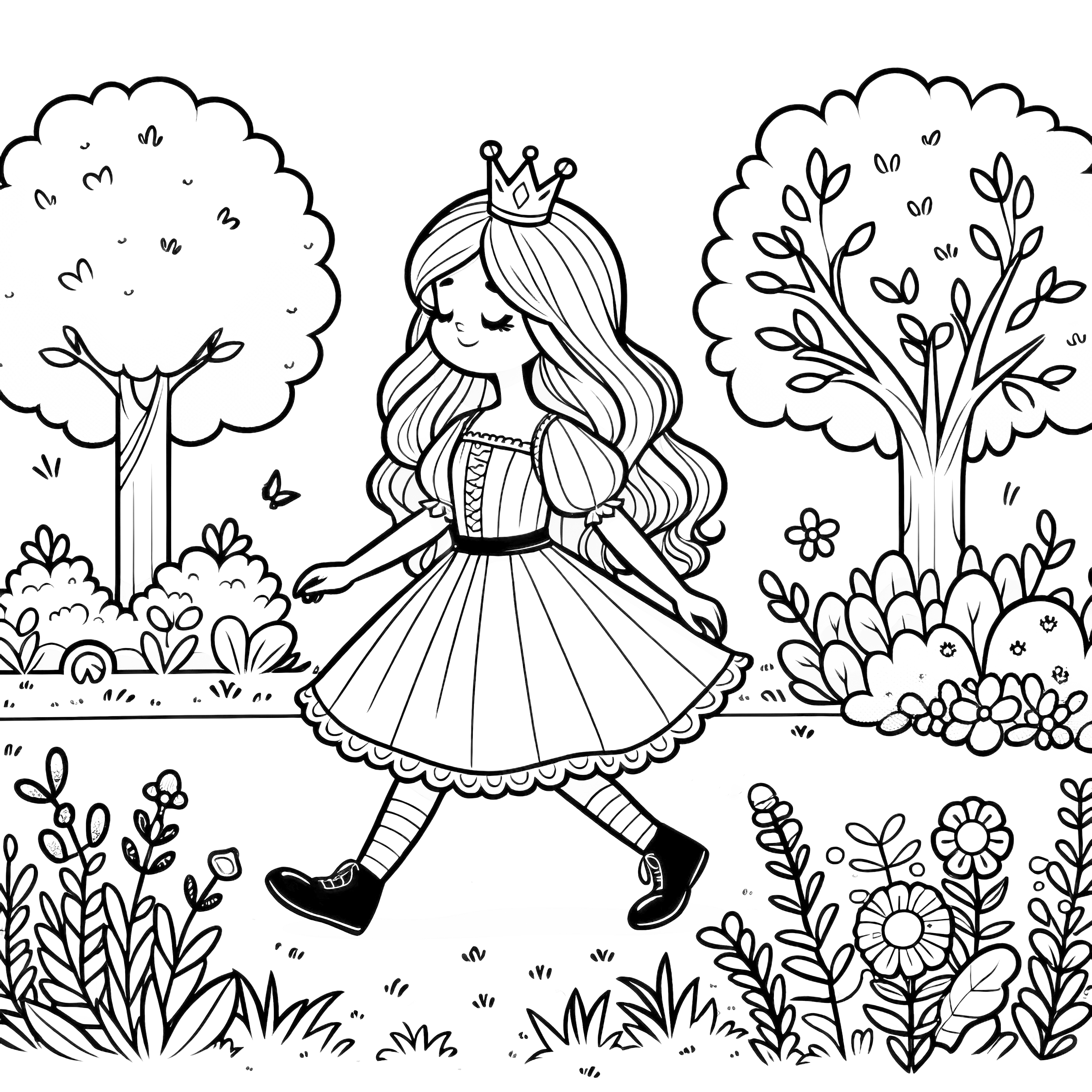 La princesa pasea con facilidad por el parque: dibujo para colorear gratis