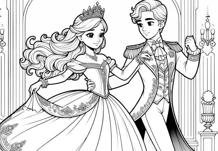 Belle princesse et prince dans un château somptueux en train de danser (coloriage gratuit)