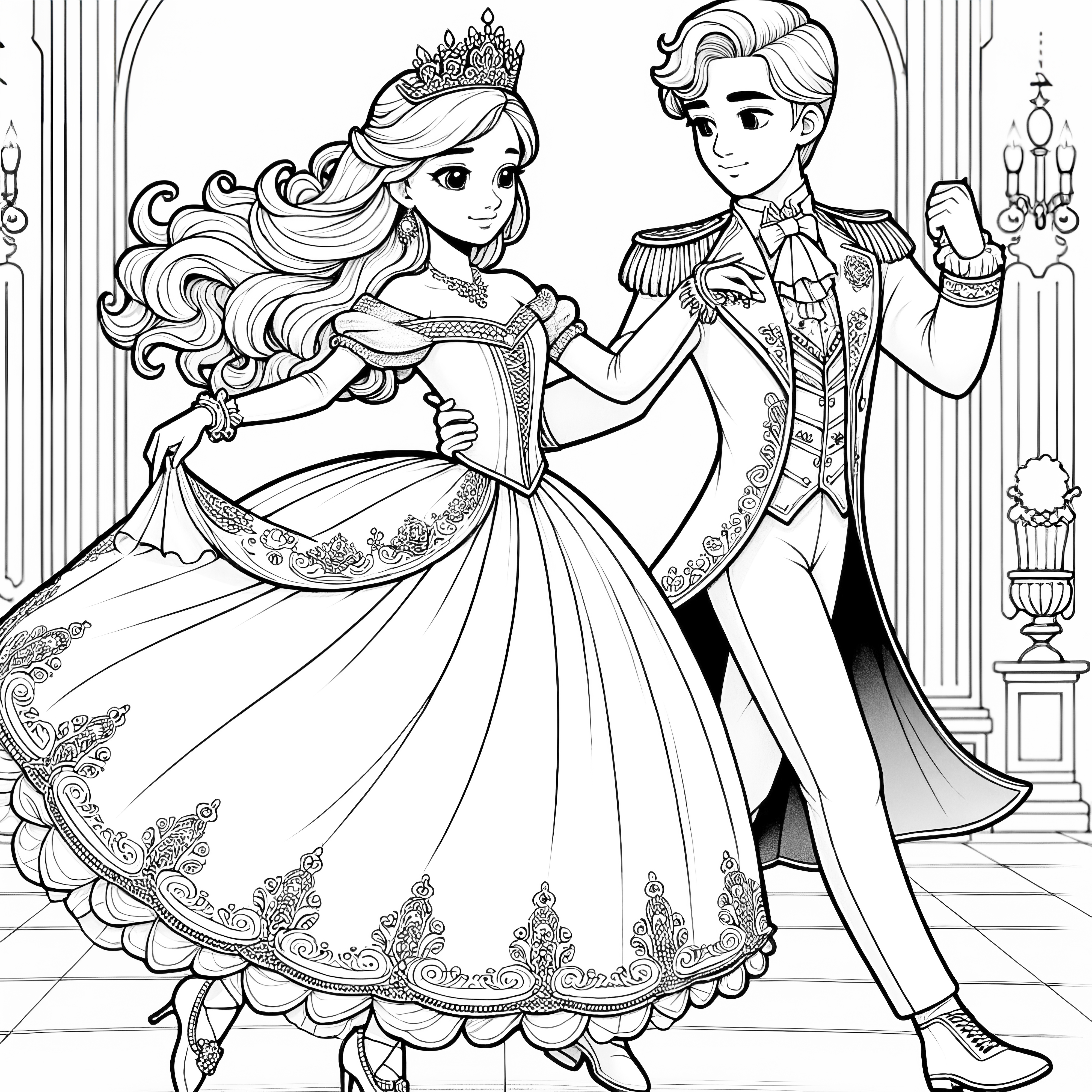 Hermosa princesa y príncipe en el magnífico castillo bailando (imagen para colorear gratis)