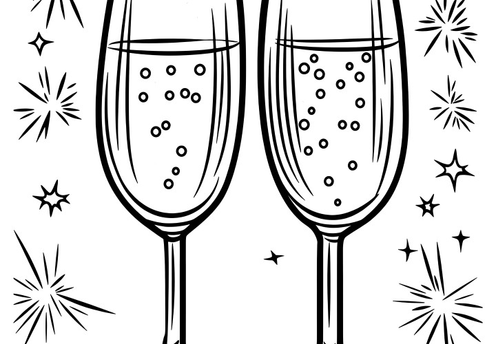 Champagneglass til nyttårsfesten: gratis fargeleggingsark