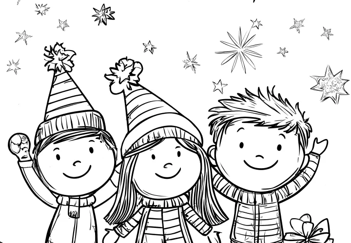 Children celebrate New Year's Eve: simple coloring picture