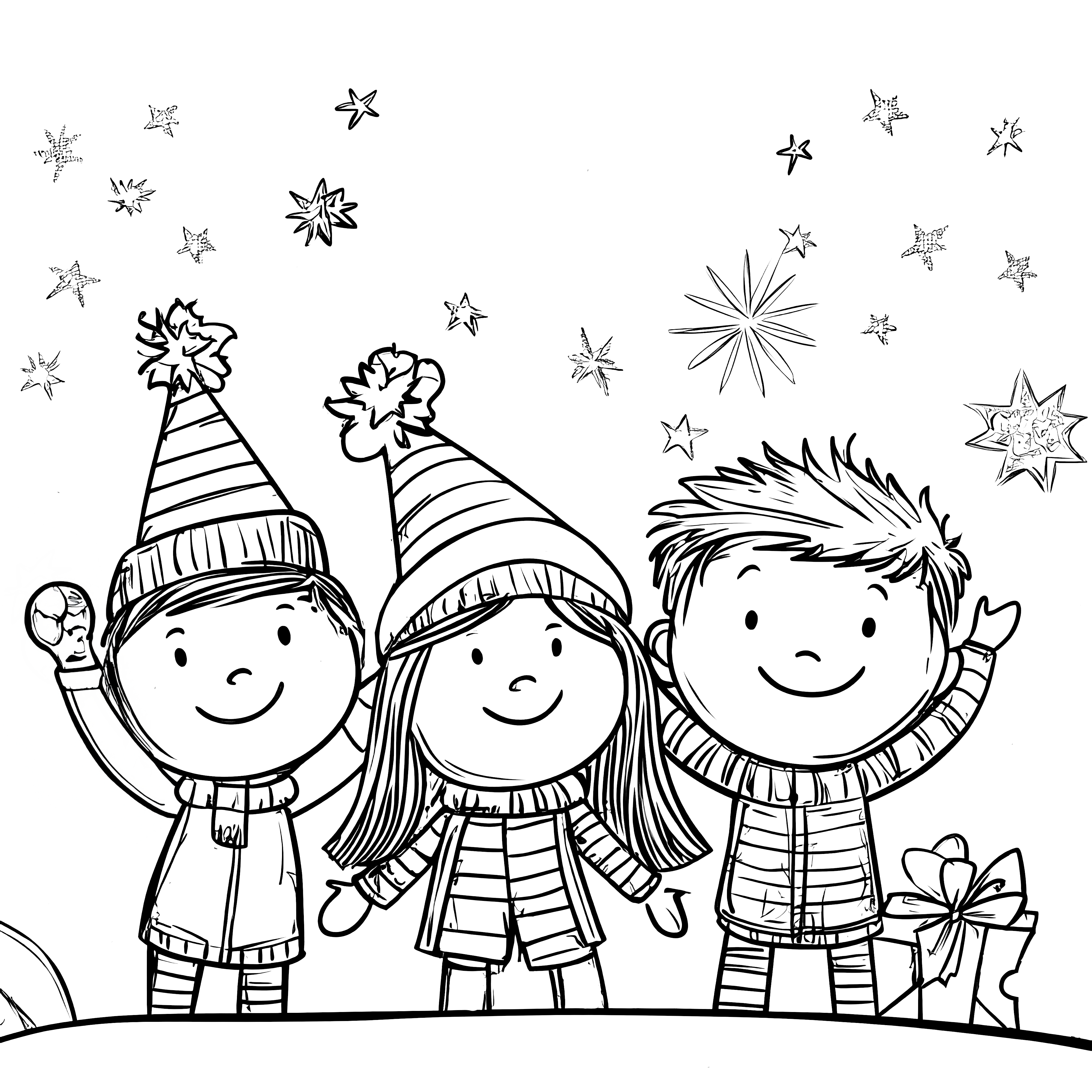 Children celebrating New Year's Eve: simple coloring picture