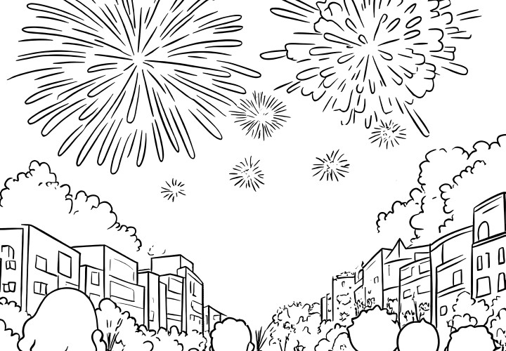 Fireworks: People celebrate New Year's Eve in the city (coloring page)