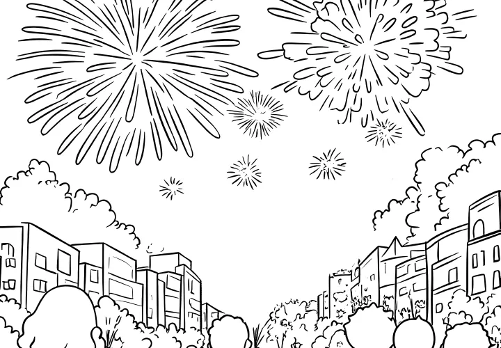 Fireworks: People celebrate New Year's Eve in the city (coloring page)