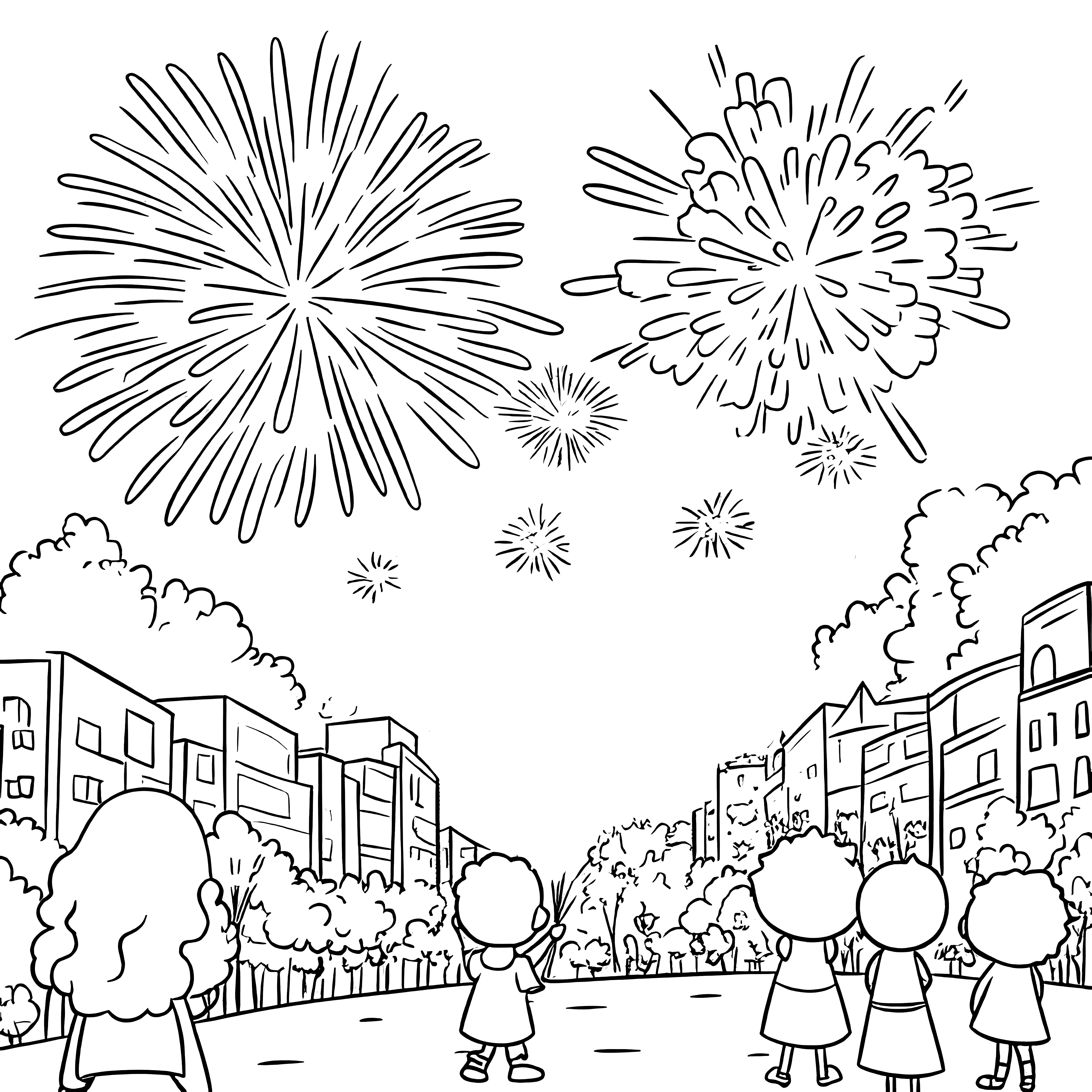 Fireworks: People celebrate New Year's Eve in the city. (Coloring page)