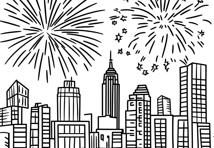 Fireworks over the big city: Coloring picture for New Year's Eve