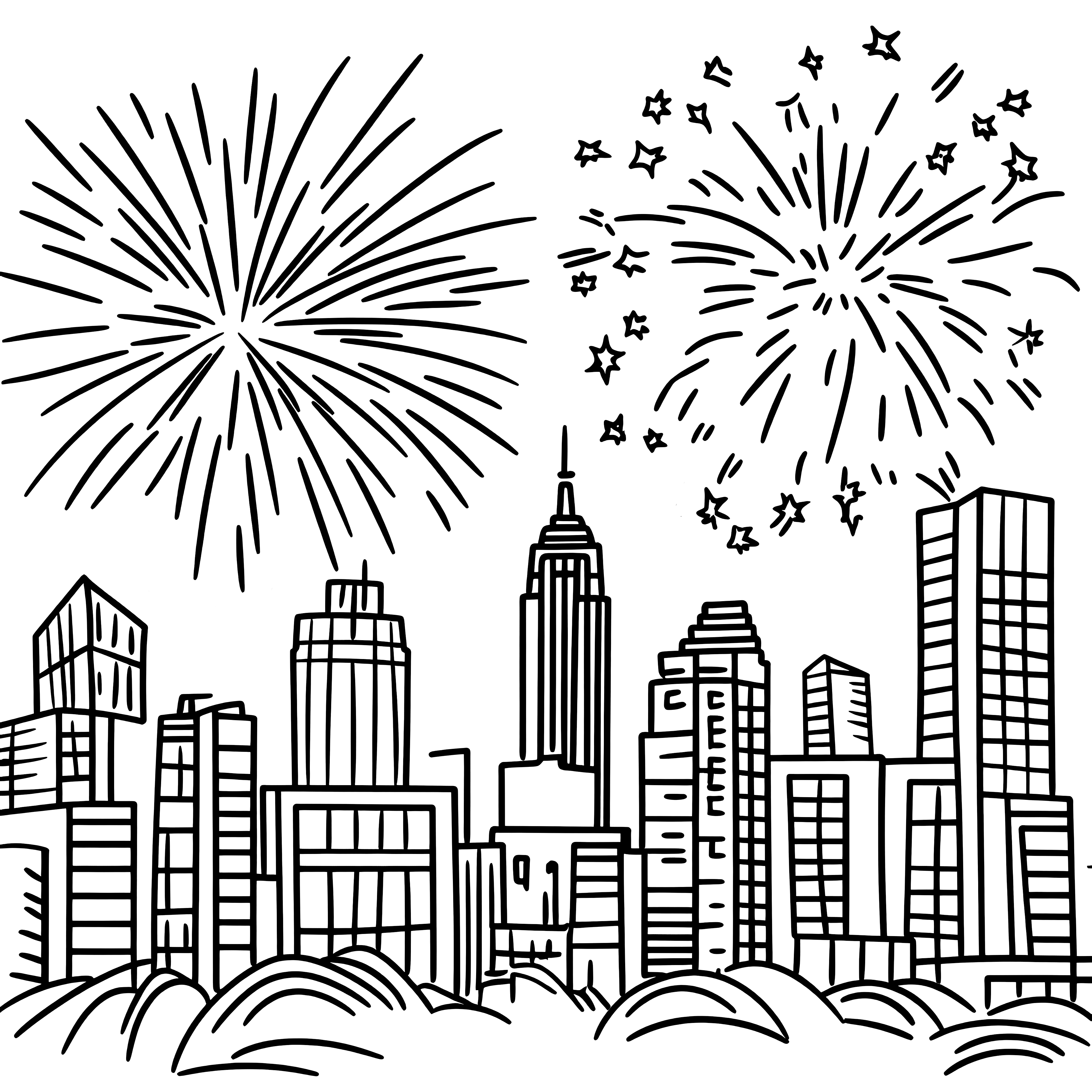 Fireworks over the big city: coloring page for New Year's Eve