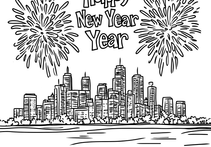 Big city fireworks on New Year's Eve: free coloring page