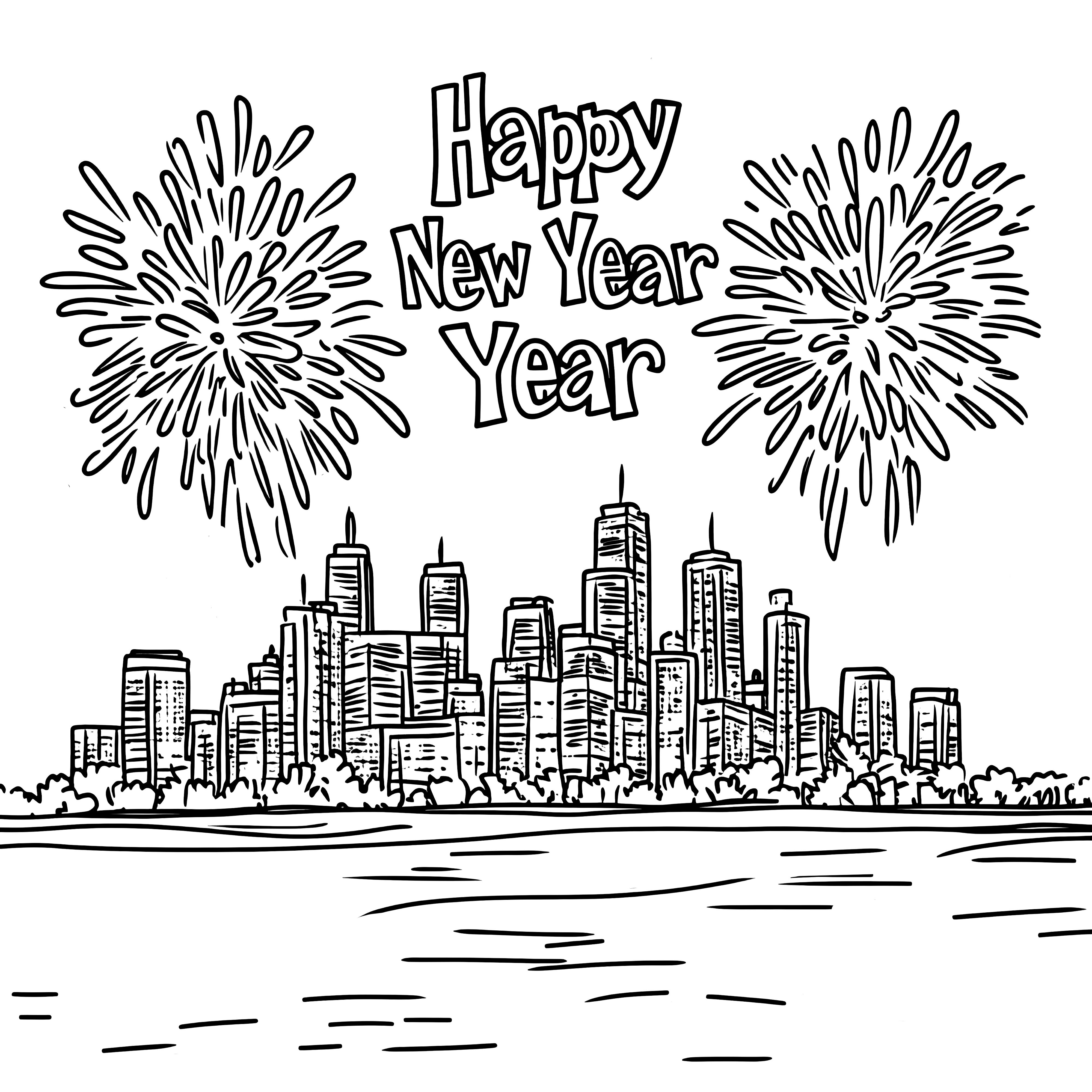 City fireworks on New Year's Eve: free coloring page