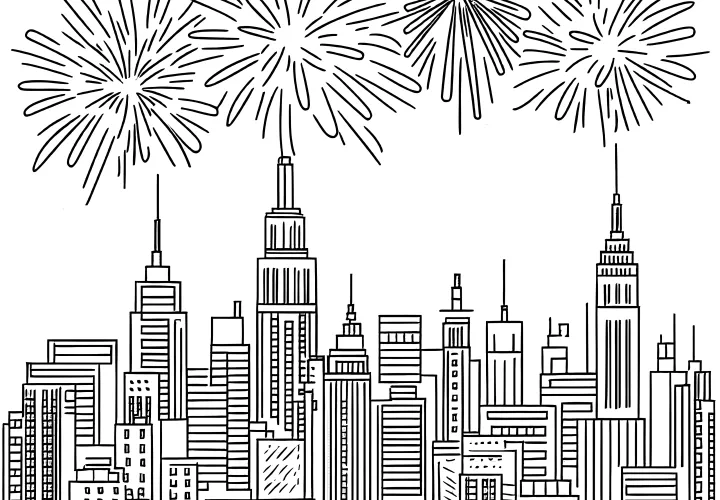 Metropolis with skyscrapers & New Year's Eve fireworks (coloring page)