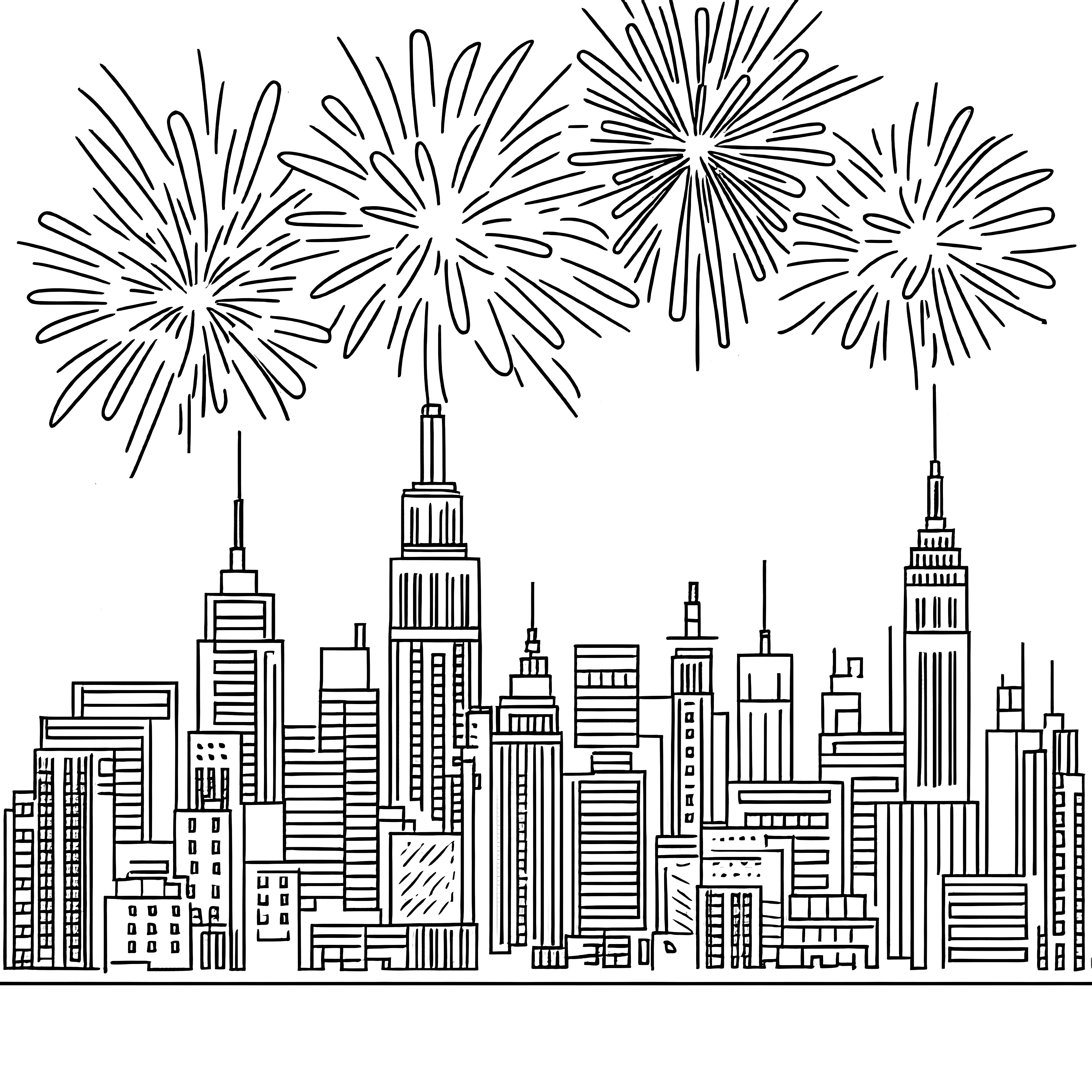 Metropolis with skyscrapers & New Year's Eve fireworks (coloring page)