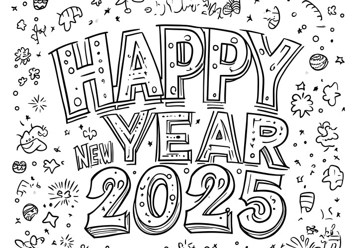 Happy New Year 2025: coloring page