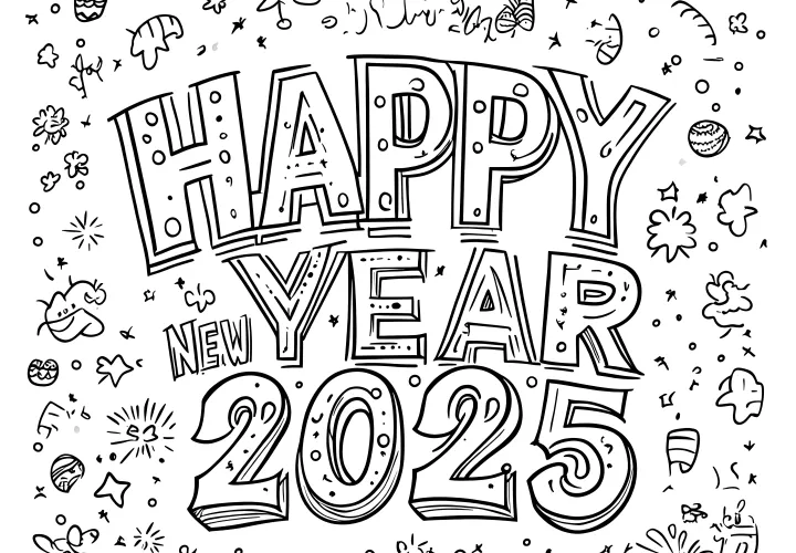 Happy New Year 2025: coloring page