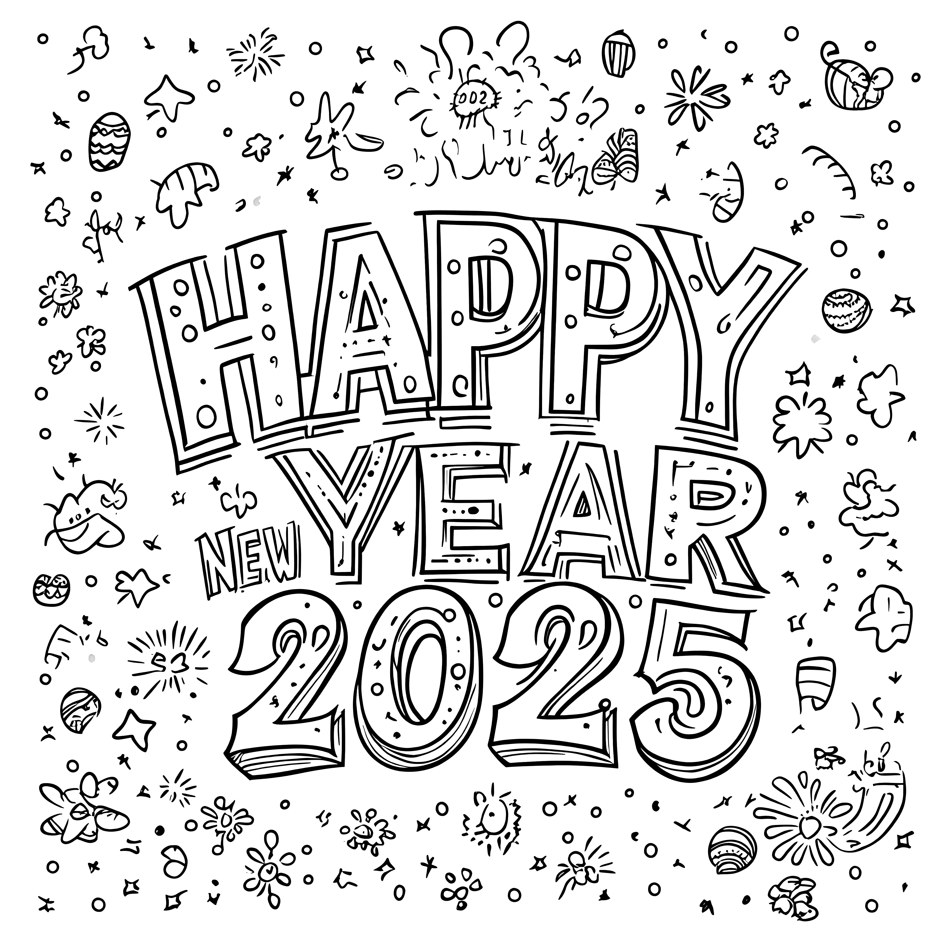 Happy New Year 2025: coloring page