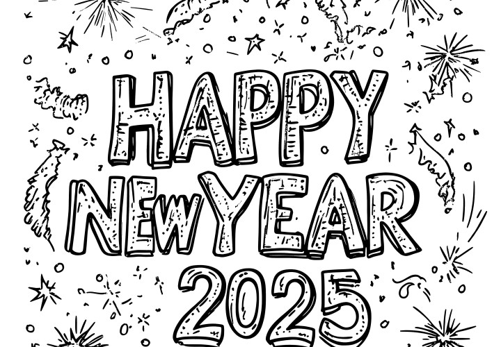 Happy New Year 2025: free coloring page