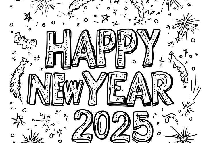 Happy New Year 2025: free coloring page