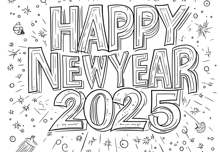 Happy New Year 2025: free coloring picture