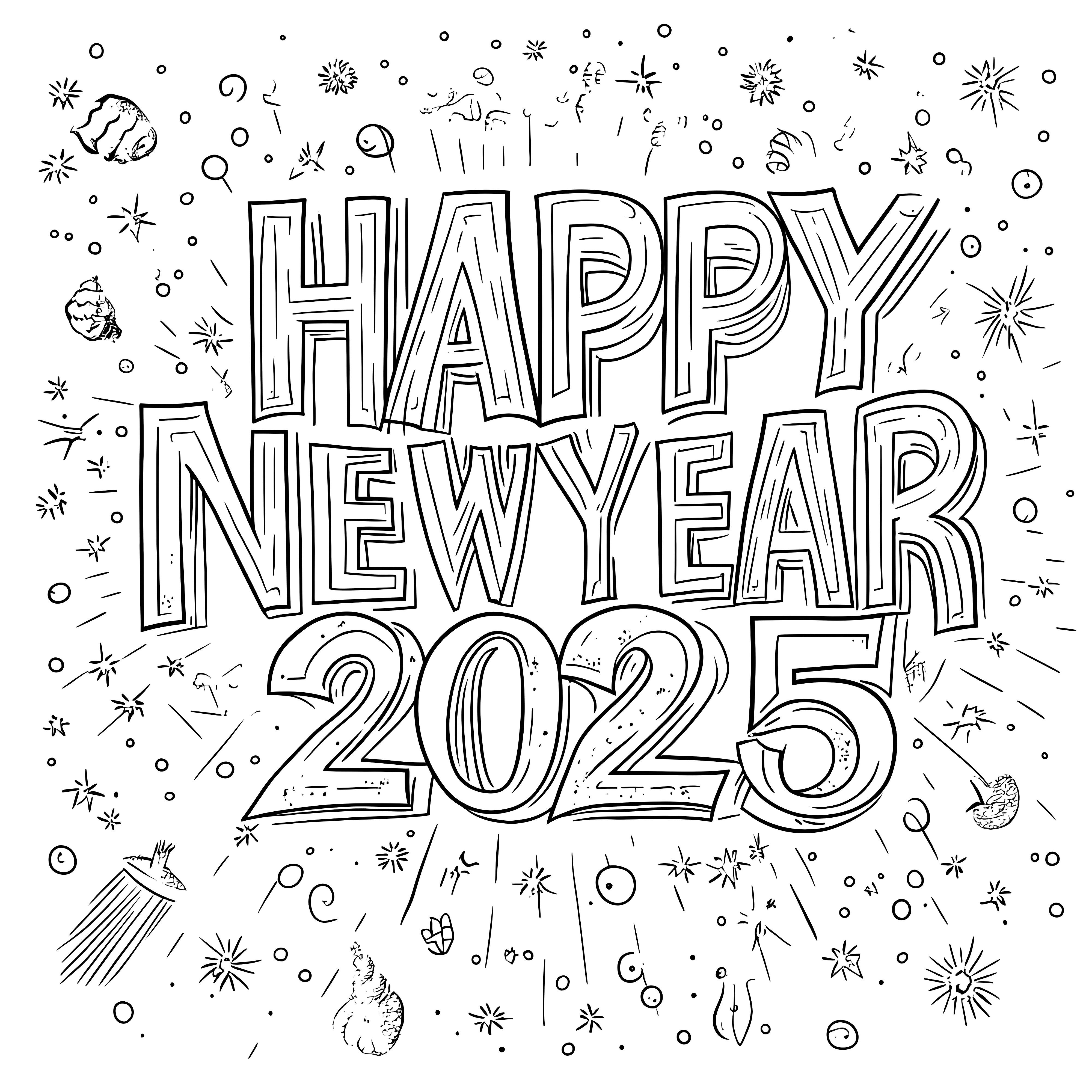 Happy New Year 2025: free coloring picture