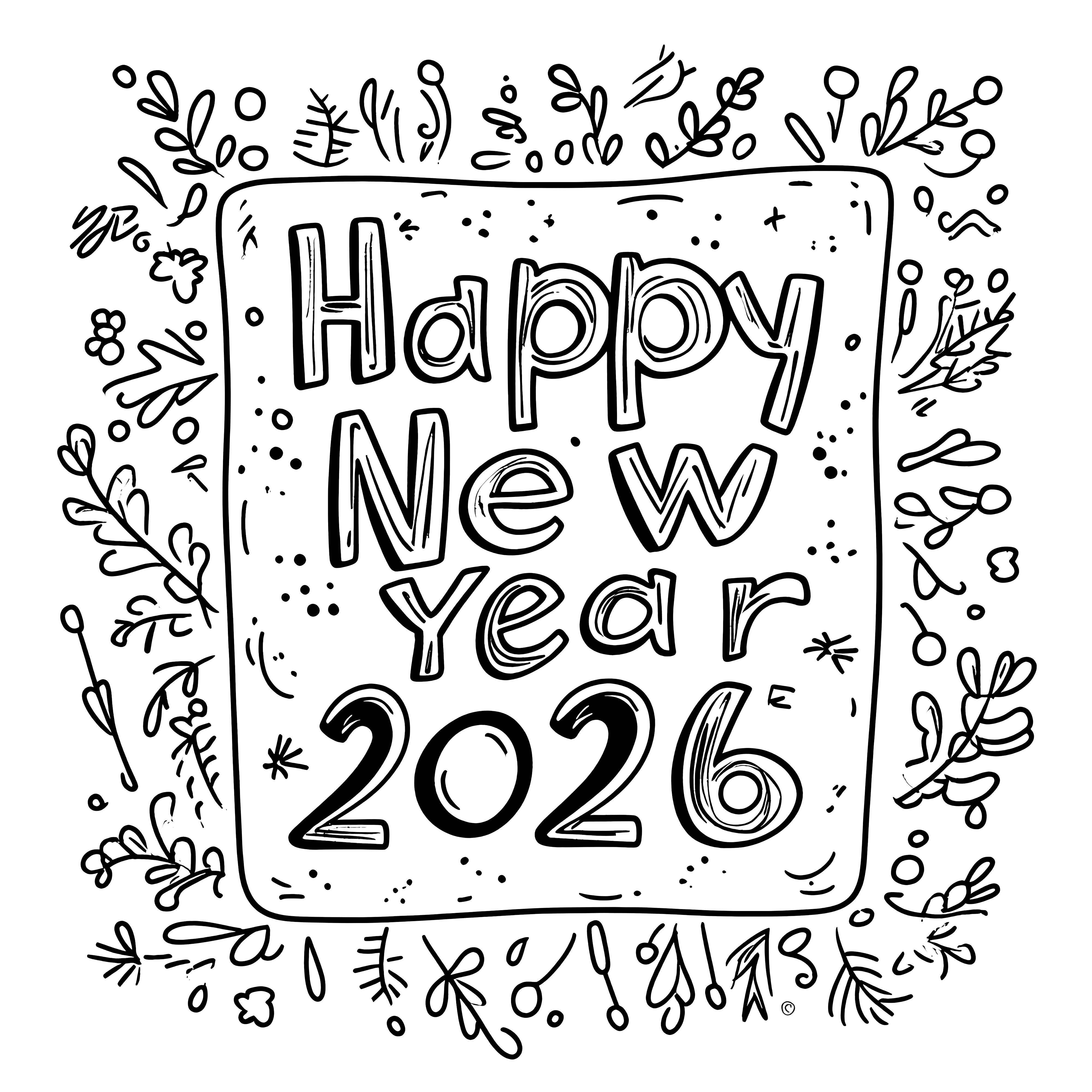 Happy New Year 2026: free coloring picture