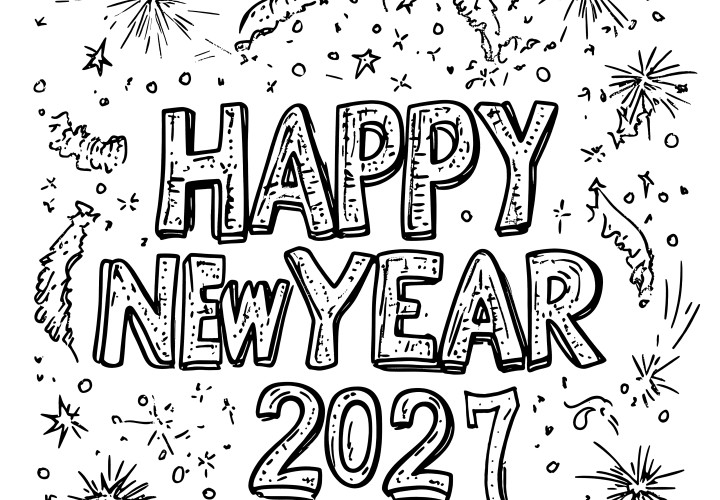 Happy New Year 2027: festive lettering for coloring