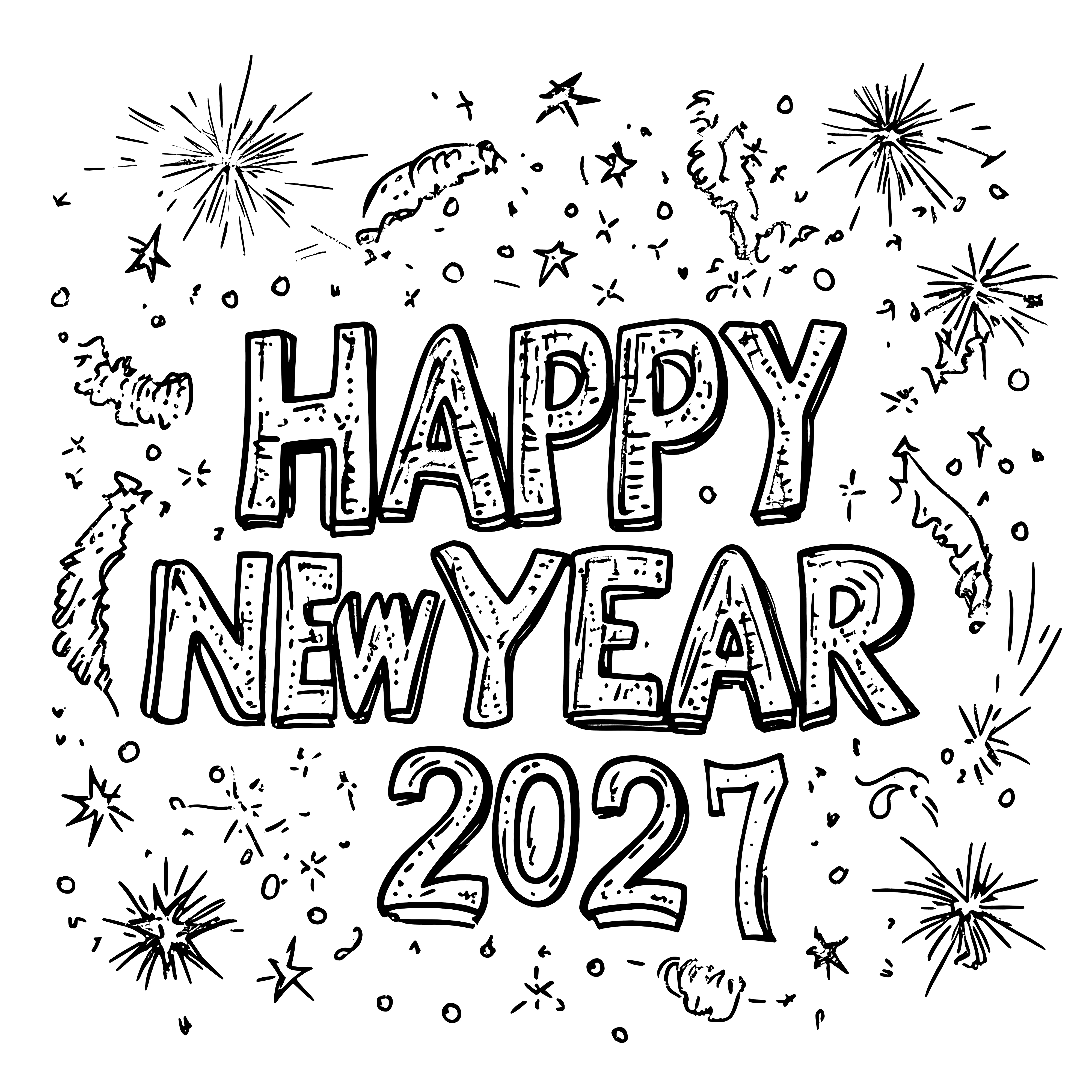 Happy New Year 2027: festive lettering to color in