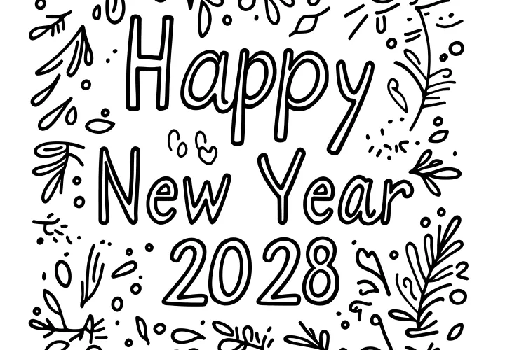 Happy New Year 2028: festive lettering for coloring