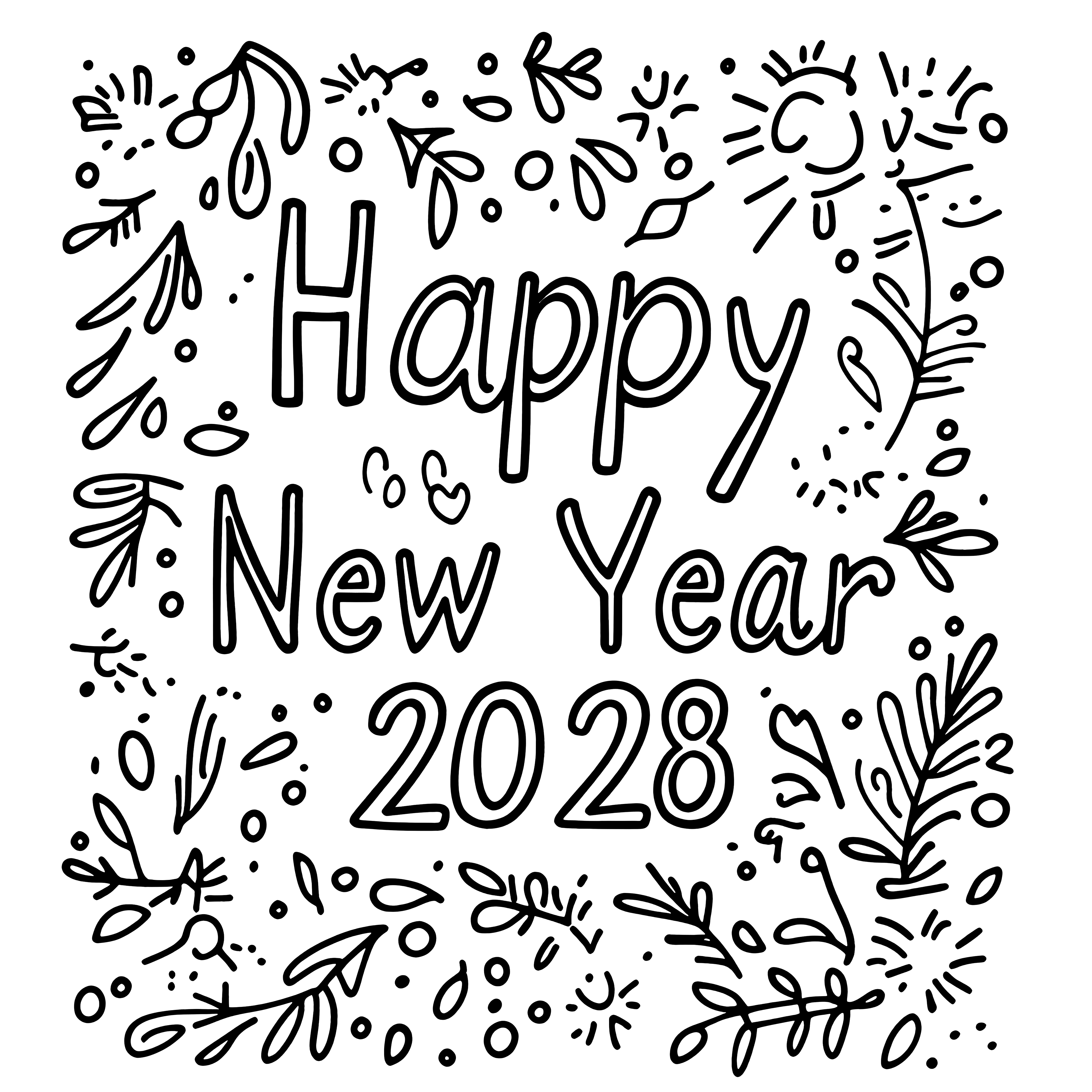 Happy New Year 2028: festive lettering to color in