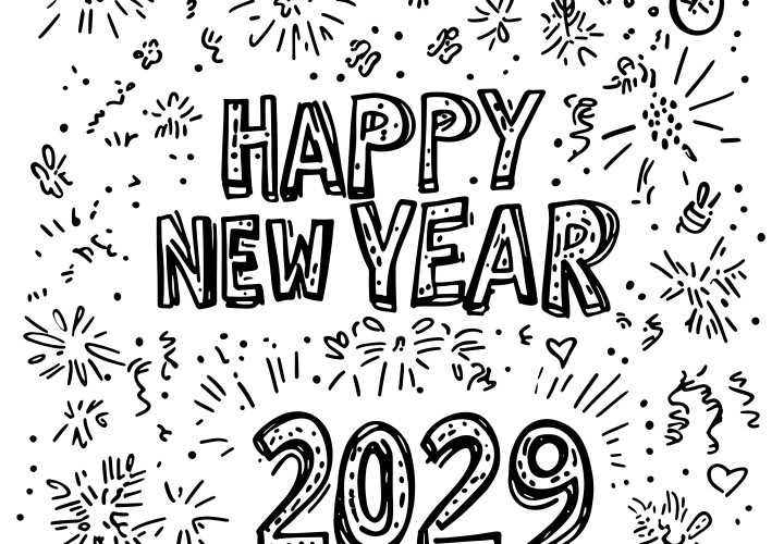 Happy New Year 2029: festive lettering to color in