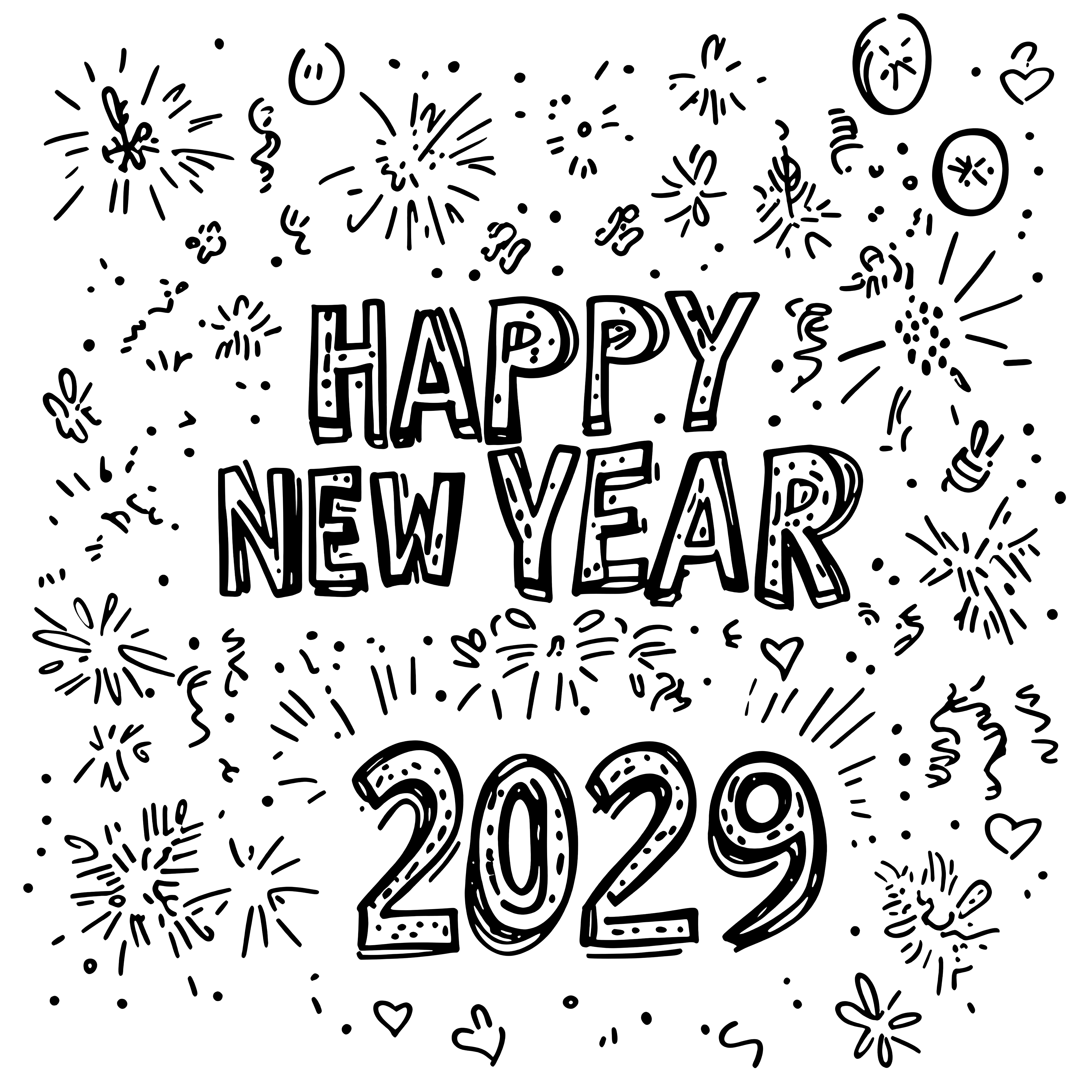 Happy New Year 2029: festive lettering to color in