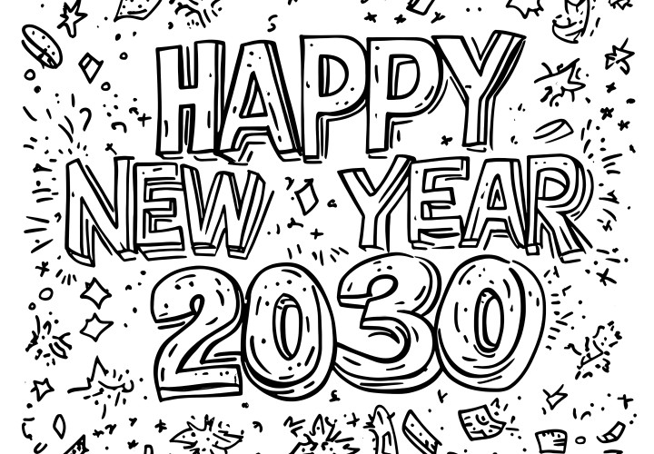 Happy New Year 2030: festive lettering for coloring