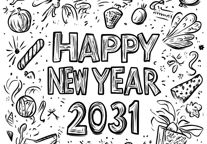 Happy New Year 2031: free coloring page