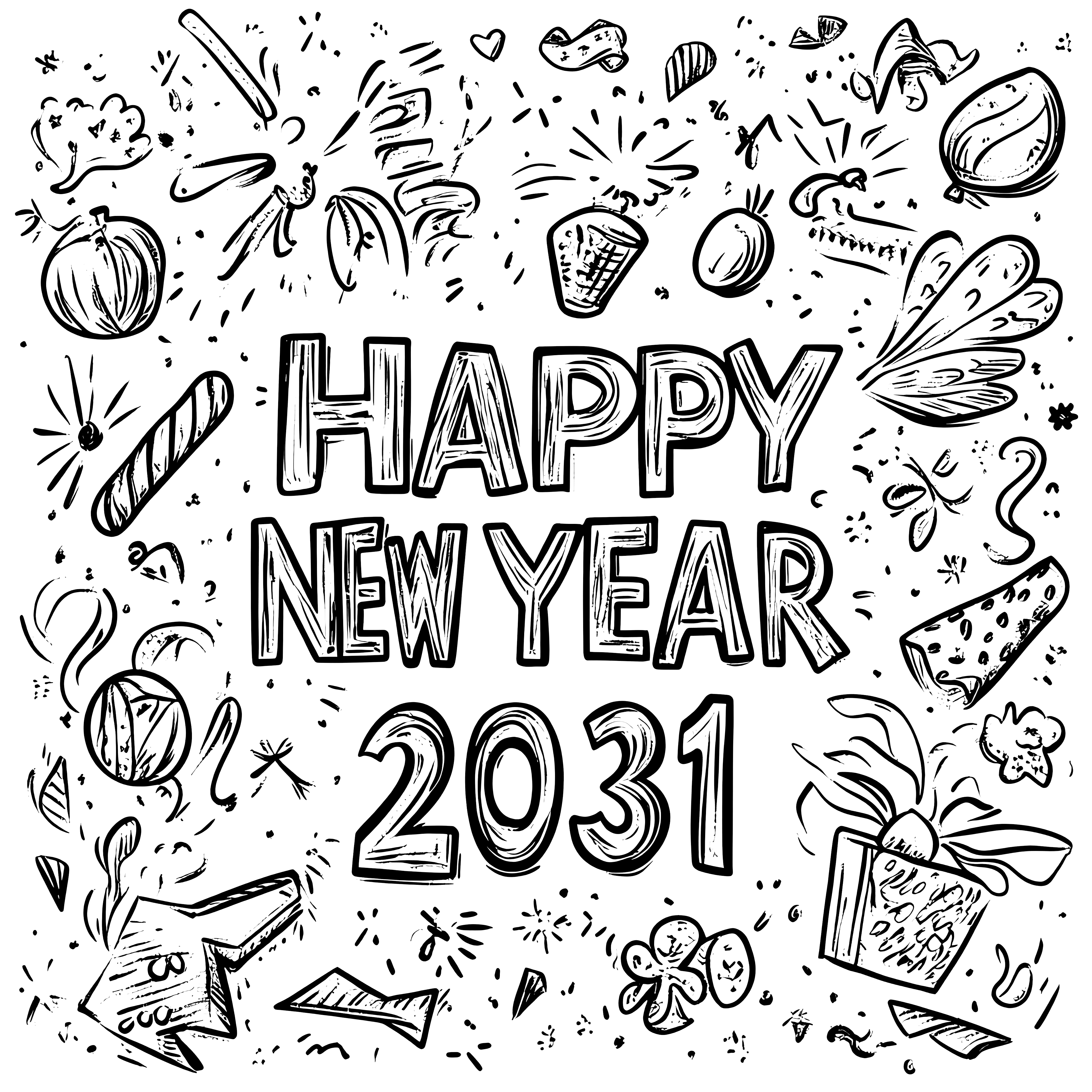 Happy New Year 2031: free coloring page