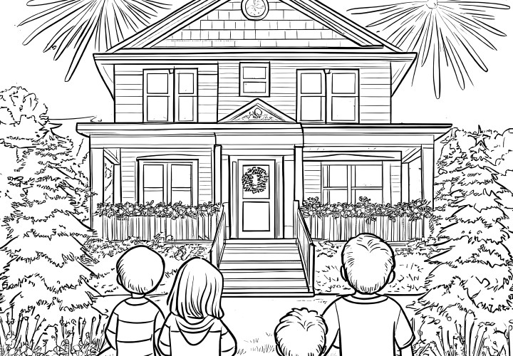 Children marvel at fireworks above house: free coloring page