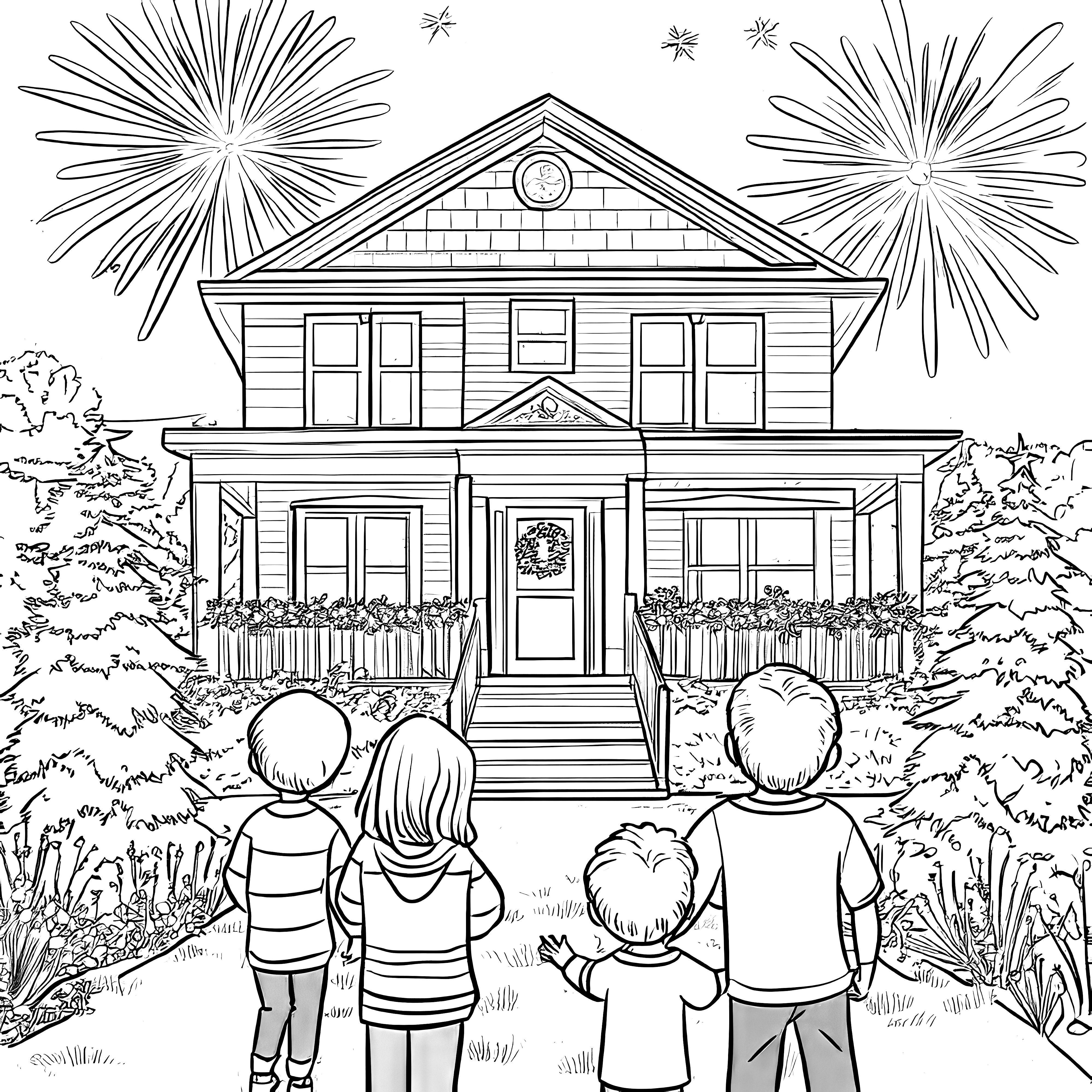 Children marvel at fireworks above house: free coloring sheet